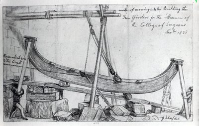 Přesouvání železných nosníků použité k výstavbě Hunterian Museum na Royal College of Surgeons, 1835 od George Snr Scharf