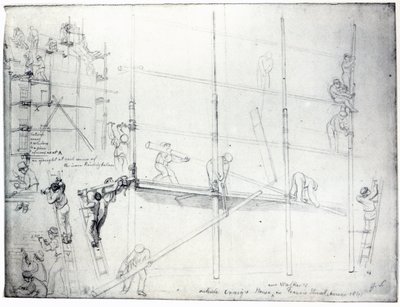 Stavění lešení před Craigovým domem, Francis Street, Londýn, 1841 od George Snr Scharf