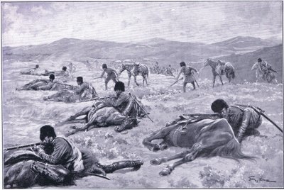 Kozák a jeho kůň: zařízení pro zajištění krytu během šarvátky, ilustrace z Cassells History of the Russo-Japanese War Vol 1, c.1900 od George Soper