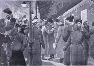 Car se loučí s důstojníky císařské gardy, ilustrace zCassells History of the Russo-Japanese War Vol. 1, cca 1900. od George Soper