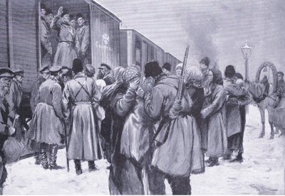 Odjezd ruských jednotek na Dálný východ, ilustrace z Cassells Historie rusko-japonské války Vol 1, kolem roku 1900 od George Soper