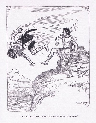 Kopl ho přes útes v moři, z The Heroes vydané Georgem Allenem a Unwinem 1929 (barevné litho) od George Soper