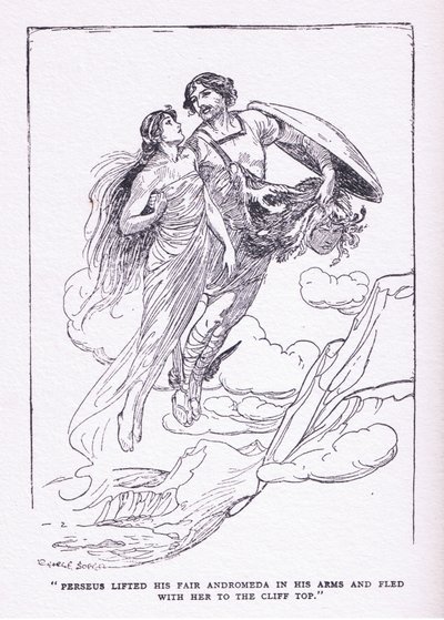 Perseus zvedl svou krásnou Andromedu do náruče a uprchl s ní na vrcholky útesů, z knihy Heroes vydané Georgem Allenem a Unwinem 1929 od George Soper