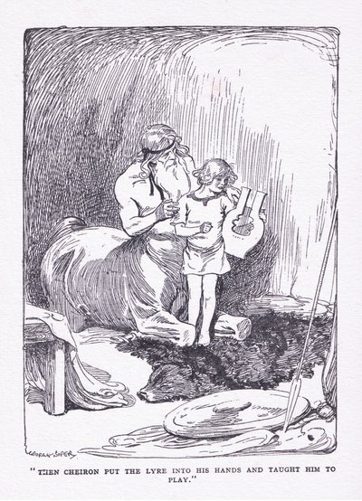 Cheiron mu vložil do rukou lyru a přivedl ho ke hře, z knihy Hrdinové vydané Georgem Allenem a Unwinem z roku 1929. od George Soper