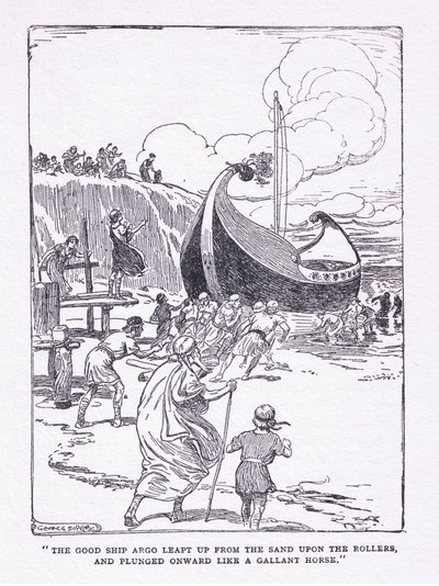 Dobrá loď Argo vyskočila z písku na válečky a vrhla se vpřed jako statečný kůň z knihy Hrdinové vydané Georgem Allenem a Unwinem z roku 1929. od George Soper