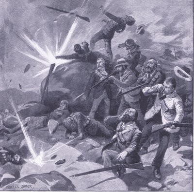 Poslední stání johannesburské policie v Bergendalu, ilustrace z Po Pretorii: Guerilla War, 1902 od George Soper