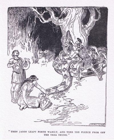Pak Jason unaveně vyskočil a strhl rouno z kmene stromu z knihy The Heroes vydané Georgem Allenem a Unwinem 1929 (litho) od George Soper