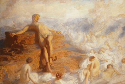 Prométheus utěšený duchy Země „Jak krásné jsou tyto vzdušné tvary! A přesto cítím nejmarnější veškerou naději, ale lásku...“ -Shelley. od George Spencer Watson