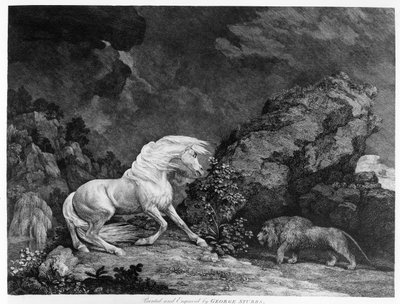 Kůň vyděšený lvem, vyryto umělcem, 1777 od George Stubbs
