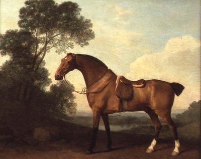 Sedlák Bay Hunter v krajině s jezerem za ní od George Stubbs
