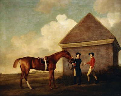 „Eclipse“, dostihový kůň z tmavého kaštanu držený ženichem, s žokejem, možná Jackem Oakleym, v Rubbing Down House v Newmarketu, 1770 od George Stubbs