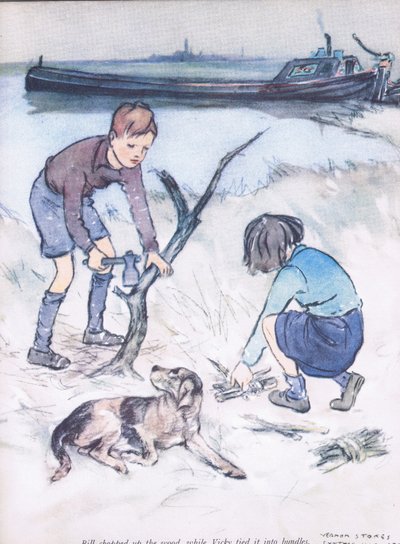 Bill štípal dřevo, zatímco Vicky ho vázala do svazků, z knihy Mudlarks vydané nakladatelstvím Collins od George Vernon Stokes