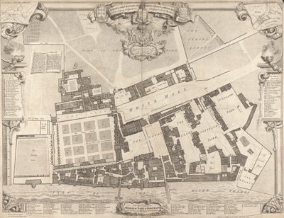 Průzkum a pozemní spiknutí královského paláce ve Whitehallu od George Vertue