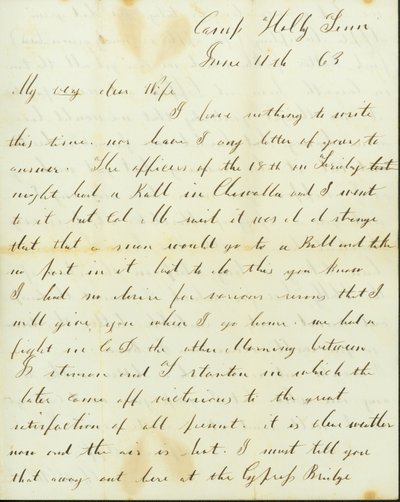 Dopis George Wyckoffa, Camp Holly, Tennessee, Josephine, 11. června 1863 od George W. Wyckoff