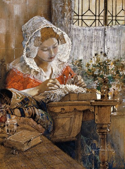 Vlámský krajkář, kolem roku 1925 (kvaš, pastel a tužka na hnědém papíře) od George Wharton Edwards