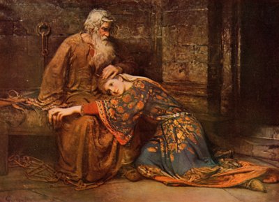 Shakespeare: Cordelie utěšující krále Leara ve vězení, Král Lear, V. dějství, scéna 3 (barevné lito) od George William (after) Joy