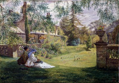 Letní odpoledne. Letní odpoledne: dvě mladé ženy sedí na trávě v zahradě. Naproti nim je kriketové hřiště. Obraz od George Williama Motea (1832-1909, Velká Británie). Prerafaelismus (prerafaelitské umění). Soukromá sbírka od George William Mote