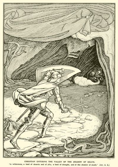 Christian vchází do Údolí stínu smrti (rytina) od George Woolliscroft Rhead