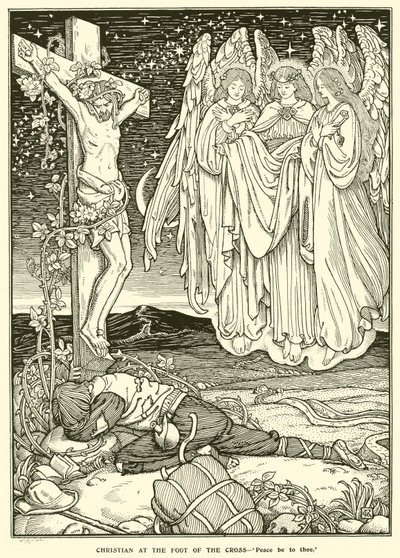 Křesťan u paty kříže (rytina) od George Woolliscroft Rhead