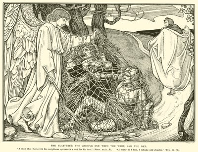 Lichotník, zářící s bičem a sítí (rytina) od George Woolliscroft Rhead