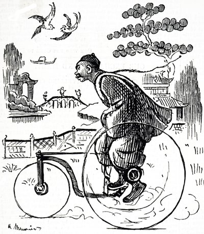 Karikatura zobrazující Číňana, jak jezdí na tříkolce parkem v Číně. Ilustrovaný George du Maurier (1834-1896), francouzsko-britský karikaturista a autor od George du Maurier