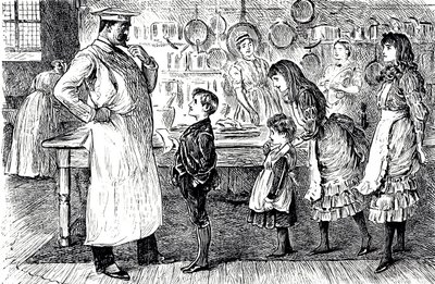 Karikatura zobrazující kuchaře, který přijímá objednávky od dětí z domu. Ilustroval George du Maurier (1834-1896), francouzsko-britský karikaturista a spisovatel od George du Maurier