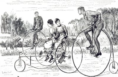 Karikatura zobrazující skupinu mladých lidí na tříkolkách. Ilustrovaný George du Maurier (1834-1896), francouzsko-britský karikaturista a autor od George du Maurier