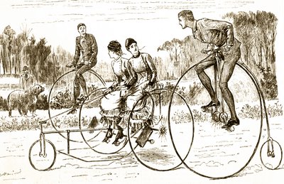 Karikatura zobrazující skupinu mladých lidí na tříkolkách. Ilustrovaný George du Maurier (1834-1896), francouzsko-britský karikaturista a autor od George du Maurier