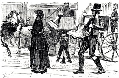 Karikatura zobrazující počátky družstevních obchodů. Ilustroval George du Maurier (1834-1896), francouzsko-britský karikaturista a spisovatel od George du Maurier