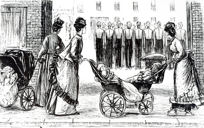Rytina znázorňující chůvy převážející děti na procházkách. Ilustroval George du Maurier (1834-1896), francouzsko-britský karikaturista a spisovatel od George du Maurier