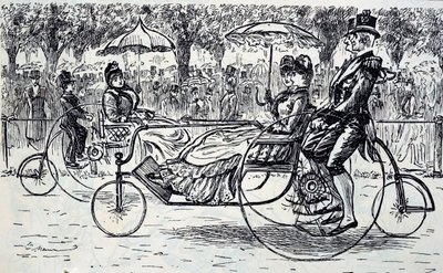 Rytina zobrazující cestující jedoucí v kočárech pro jízdní kola. Ilustroval George du Maurier (1834-1896), francouzsko-britský karikaturista a spisovatel od George du Maurier