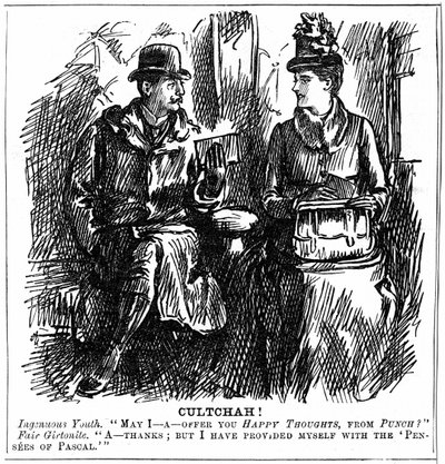Přínos vysokoškolského vzdělání pro ženy. Karikatura George du Maurier z Punch London 8. prosince 1887. Mladý muž v železničním vagónu nabízí absolventovi Girtonu v Cambridge lehké čtení na cestu. Elegantně odmítne, jak ji vybavila od George du Maurier