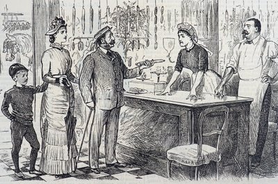 Karikatura komentující roztřesené chápání metrického systému průměrného Angličana od George du Maurier