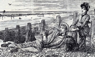 Kreslený film zobrazující pár, který si užívá líbánky na oblázkové pláži od George du Maurier