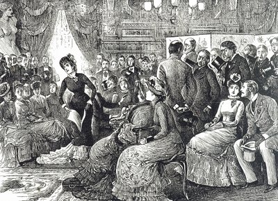 Kreslený film zobrazující typický koncert v salonu od George du Maurier