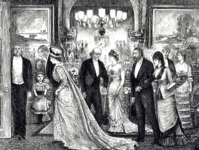 Kreslený film zobrazující elegantní večírek ve viktoriánském domě od George du Maurier