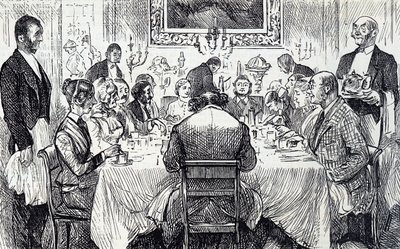 Kreslený film zobrazující elegantní večírek ve viktoriánském domě od George du Maurier