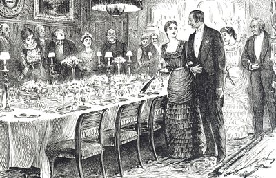Kreslený film s názvem „Going into Dinner“ zobrazující mladý pár vcházející do jídelny od George du Maurier