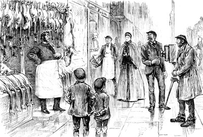 Rytina zobrazující řezníka a drůbežáře fotografovaného před jeho vánoční expozicí od George du Maurier. George du Maurier (1834-1896) francouzsko-britský karikaturista a spisovatel. Datováno 19. století ©UIG/Leemage od George du Maurier
