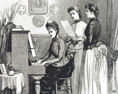 Rytina zobrazující mladé dámy zpívající v salonu od George du Maurier