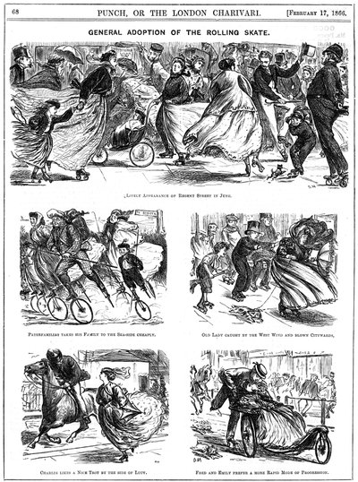 Obecné přijetí kolečkových bruslí. Karikatury George du Maurier z Punch od George du Maurier