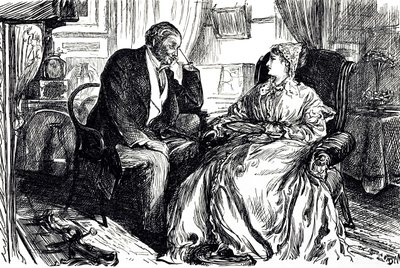 Kreslený film Georges du Maurier znázorňující rozhovor muže a ženy o uklidňujících účincích oleje z tresčích jater. Anglie 1869 od George du Maurier