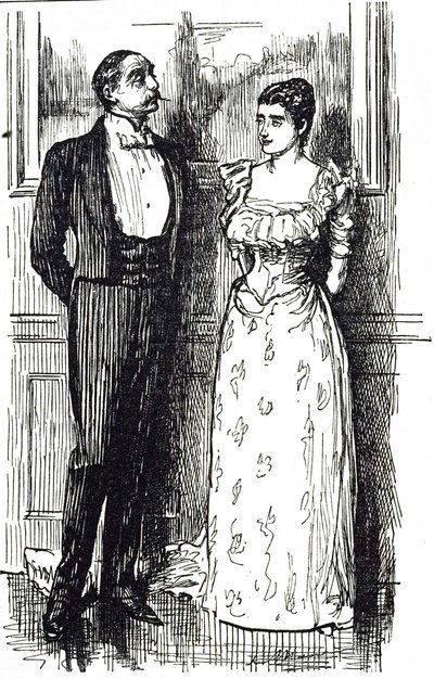 Karikatura Georges du Maurier ilustrující muže a ženu v rozhovoru na společenské akci, Anglie 1891 od George du Maurier