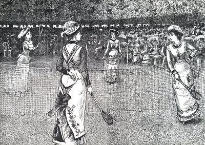 Dámy hrají tenis na trávníku. od George du Maurier