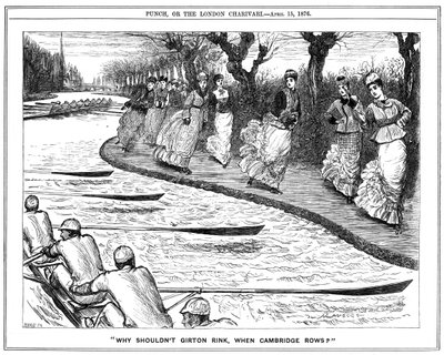 Kolečkové bruslení velmi v módě. Studentky z Girtonu na vlečné dráze mávaly veslařům veslujícím na řece. Karikatura George du Maurier z Punch, Londýn od George du Maurier