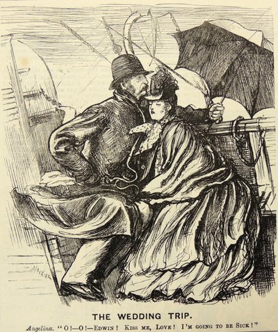 Svatební cesta: Líbánky pár trpící mořskou nemocí při překračování kanálu La Manche. Karikatura George du Maurier z 