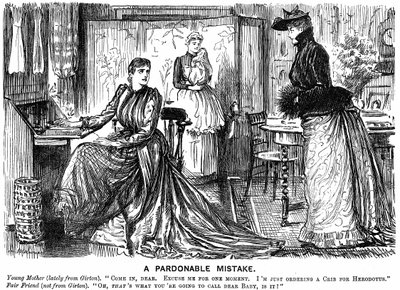 Univerzitní vzdělání pro ženy činí jejich konverzaci matoucí pro jejich méně vzdělané přátele. George du Maurier karikatura z Punch London 7. prosince 1889. Rytina od George du Maurier