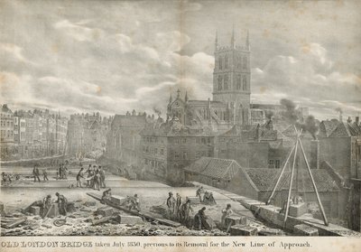 Old London Bridge přijatý v červenci 1830, před jeho odstraněním pro novou linii přístupu od George the Elder Scharf