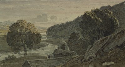 Večer, krajina, s chatou a řekou od George the Younger Barret