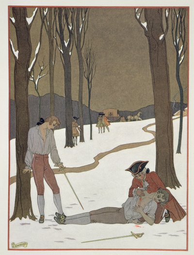 Souboj mezi Valmontem a Danceny, ilustrace z „Les Liaisons Dangereuses“ od Pierra Chodlerlose de Laclose (1741-1803) vydané ve 20. letech 20. století (pochoir print) od Georges (after) Barbier